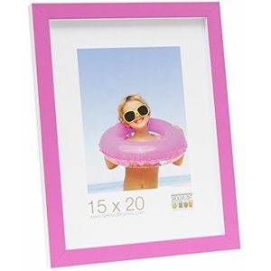 Fotolijst met standaard afmetingen (foto): 13 cm H x 9 cm B, kleur: roze/wit