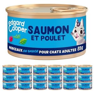 Edgard & Cooper Patée Stukjes van saus voor volwassen katten, gesteriliseerd of actief, natuurlijk natvoer, zonder granen, 85 g x 18 zalm en kip, gezonde voeding, smakelijk en uitgebalanceerd