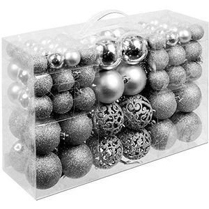 BAKAJI Verpakking met 100 kerstballen diameter 3/4/6 cm kerstboomversiering (zilver)