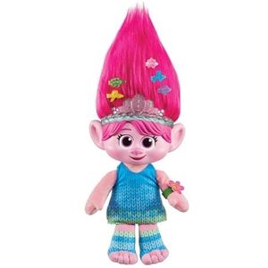 Mattel DreamWorks Trolls: Band Together Pluchen Knuffel, HAIR POPS Verrassingsoptreden Koningin Poppy Zachte Pop met Lichtjes, Geluidjes, 1 Hair Pops en 3 accessoires HTM14