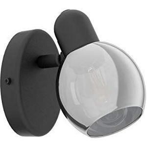 EGLO Wandlamp Pollica, 1 lichtpunt, moderne wandspot voor binnen van staal en rookglas, woonkamerlamp in zwart, hallamp met E14-fitting