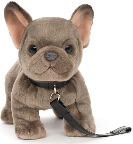 Uni-Toys - Franse bulldog (grijs) met riem - 26 cm (lengte) - pluche hond, hond, huisdier - pluche dier, knuffeldier