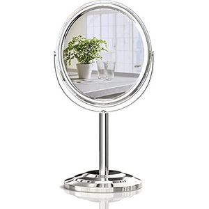 PINKZIO Tafelblad make-up spiegel, tweezijdige 1X & 3x vergrotende spiegel, vergrote make-upspiegel met 360 graden draaibare voor badkamer of slaapkamer, verchroomde afwerking, zilver