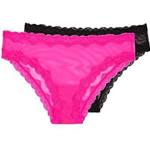 Smart & Sexy Women's Lace Trim & Mesh Panty 2 Packs Sexy Thongs & Cheeky Bikinis, Electric Pink/Black Hue, 8