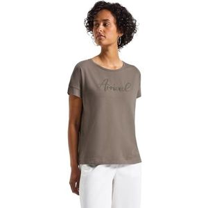 Shirttops - Dark Tumbled Beige - Ronde Hals - Korte Mouwen - Tekstborduursel