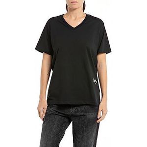 Replay Dames T-shirt korte mouwen katoen V-hals, zwart (Black 098), XL, 098 Black, XL