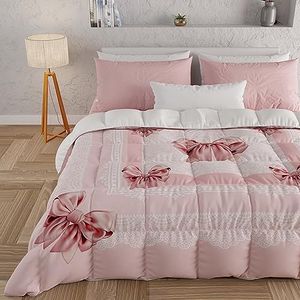 PETTI Artigiani Italiani - Dekbed, winterdeken, eenpersoonsbed, dubbelzijdig, eenkleurig, digitale print, roze strik, 100% anti-allergische microvezel, gemaakt in Italië