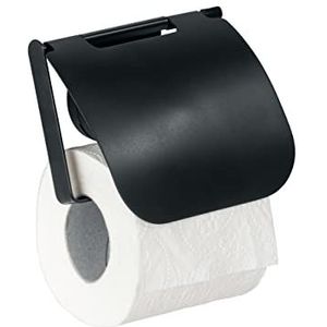 WENKO Static-Loc Plus toiletpapierhouder met deksel, pavia zwart, bevestiging zonder boren, veilige grip door statische hechting op gladde, luchtdichte oppervlakken, staal
