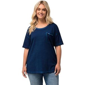 Ulla Popken Oversized, Cold Dye, ronde V-hals T-shirts voor dames, oversized, blauw, 42-44