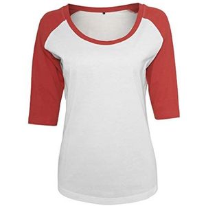 Build Your Brand Dames 3/4 contrast raglan T-shirt, wit/rood, XXXXL, Wit/Rood, 4XL