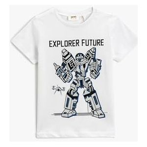 Koton T-shirt voor jongens met print en korte mouwen, ronde hals, katoen, gebroken wit (001), 5-6 Jaar