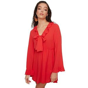 Trendyol Dames Frill gedetailleerde viscose strandjurk jurk, rood, 38