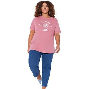 Trendyol Vrouw ontspannen pasvorm Basic ronde hals gebreid plus size T-shirt, roze, 2XL, roze, XXL grote maten