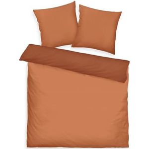 TOM TAILOR Beddengoed tweekleurige effen kleuren warm koraal, 2 x 80 x 80 cm + 200 x 220 cm, 100% katoen/satijn, met dubbele naad op het kussen, omkeerbaar motief en gekleurde merkritssluiting