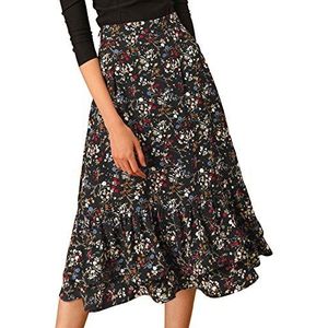 Allegra K Vloeibare midirok voor dames met zoom met geplooide ruches en elastische band, zwart - florale, S