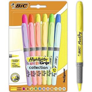 BIC Highlighter Grip marker met afgeschuinde punt, verstelbaar, intensieve kleuren en pasteltinten, 12 stuks