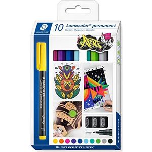 STAEDTLER Permanente marker Lumocolor permanente ART, voor bijna alle oppervlakken, veeg- en waterbestendig, F-punt lijnbreedte 0,6 mm, navulbaar, 10 universele stiften in diverse kleuren, 318 C10