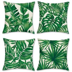 Bonhause Kussenhoezen met tropische bladeren, 45 x 45 cm, groene bladeren, decoratieve kussenslopen, polyester linnen kussenslopen voor bank, tuin, buiten, woondecoratie, set van 4