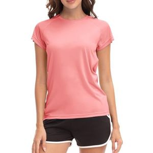 MEETWEE Surf shirt voor dames, Rash Guard UV-shirts, zwemmen, tankini, UPF 50+, korte mouwen, badshirt, badmode shirt, roze rood, L