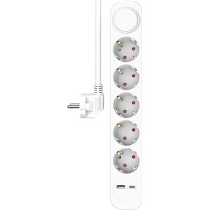 ELRO ES305 7-voudige stekkerdoos met 1,5 m kabel en schakelaar – 5 x stopcontact + USB + USB-C – kinderbeveiliging – geaarde stekker – max. 3680 W – TÜV-getest