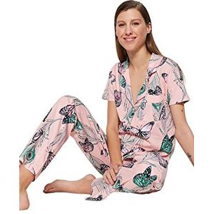 Trendyol Dames bloemen knop gedetailleerde midden gebreide shirt-broek pyjama set, roze, S, roze, S