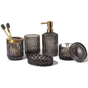 EMPO 6 stuks badkamer helder glas accessoires set (lotion zeepdispenser, zeepschaal, tandenborstelhouder, tuimelaar, wattenstaafje pot), moderne moderne decor kristal vintage cadeau (6 stuks grijs)