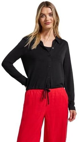Street One - Dames Linnen Jasje - Zwart - Lichtgewicht - Overhemdkraag, Knoopsluiting, Trekkoord