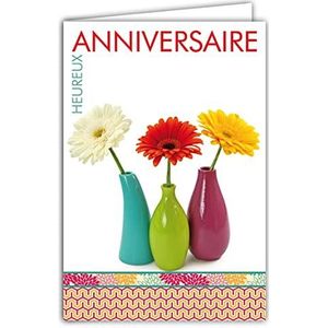 Afie 65-1295 wenskaart voor verjaardag, bloemen, gerberas, roze, oranje, blauw, turquoise, decoratie, met witte envelop, formaat 12 x 17,5 cm