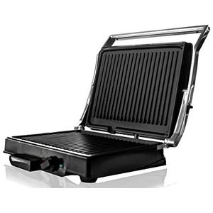 BEHOME Elektrische grillpan met dubbele grillplaat van gietijzer, anti-aanbaklaag, 1800 watt, elektrische grill met instelbare temperatuur en vetopvangbak