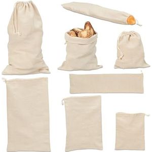 Relaxdays katoenen broodzak, 8-delige set, 4 groottes, herbruikbaar, stoffen zak voor brood, stokbrood, groente, beige