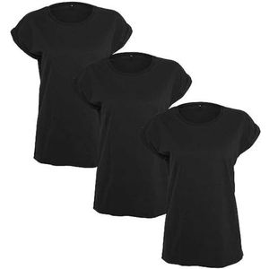 Build Your Brand Dames T-Shirt Multipack Ladies Extended Shoulder Tee 3-Pack verkrijgbaar in vele kleurvarianten, maten XS - 5XL, BLK/BLK/BLK, XS