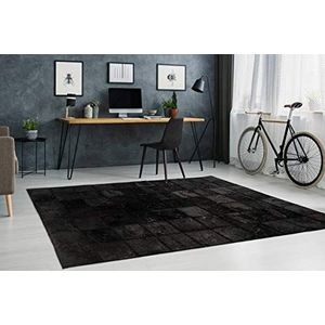 One Couture Lederen patchwork tapijt bont tapijten lederen tapijt genaaid stiksel zwart woonkamertapijt eetkamertapijt tapijtloper gang loper, grootte: 120cm x 170cm