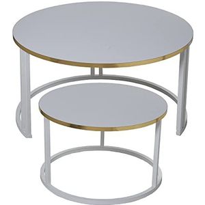 DRW Set van 2 ronde salontafels van hout en metaal, in wit en goud, 80 x 43 cm en 60 x 38 cm