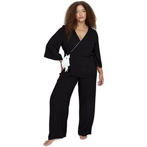 Trendyol Vrouwen vrouw effen geweven plus size pyjamaset, zwart, 50 (Pack van 2), Zwart