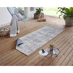 NORTHRUGS Binnen en buiten tapijt Biri 80 x 250 cm - omkeerbaar tapijt, weerbestendig, boho-stijl, vintage design, loper voor balkon, terras, tuin, serre, woonkamertapijt, waterdicht, in blauw-crème