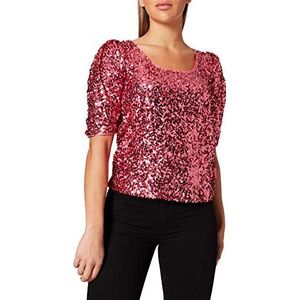 Love Moschino Sequin geborduurd T-shirt, met korte puffy-mouwen, ronde hals en logo label op de zijkant, Fuchsia, 42