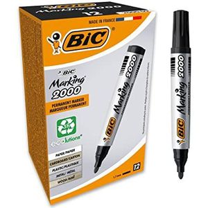 BIC Marking 2000 Permanent Marker 8209153, Watervaste Stift voor Glas, Metaal, Hout & Meer, Lijndikte 1,7 mm, 12 Stuks, Zwart
