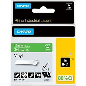DYMO Rhino-industriële vinyletiketten, 19 mm x 5,5 m, wit op groen, zelfklevende tape, voor DYMO Rhino en LabelManager labelprinter