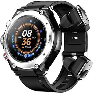 MISTK 2-in-1 smartwatch met hoofdtelefoon, smartwatch met ingebouwde bluetooth, luidspreker, fitnesstracker, luidspreker, opname, lichaamsthermometer, zilver, maat, strip