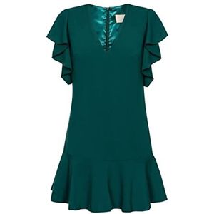 Swing Fashion Megan cocktailjurk voor dames, feestelijke jurk, partyjurk, zomerjurk, avondjurk, ruches, vrijetijdsjurk, mini-jurk, elegante jurk, V-hals, korte mouwen, donkergroen, S