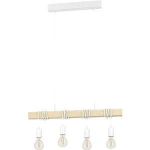 EGLO hanglamp Townshend, 4-lichts vintage pendellamp in industrieel ontwerp, retro plafondlamp hangend van staal en hout, kleur wit, bruin, FSC gecertificeerd, E27