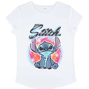 Disney Classics Women's Lilo & Stitch-Stitch Airbrush Organic Roll Sleeve T-Shirt, Wit, S, wit, S