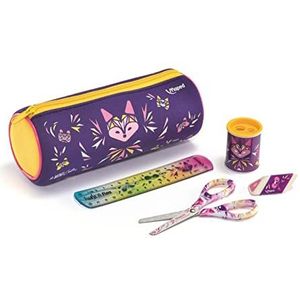 Maped - Mini-schoolaccessoireset voor kinderen – 1 rond etui + 1 paar schaar 13 cm + 1 puntenslijper doos + 1 witte gum + 1 liniaal 15 cm – violet