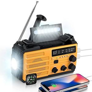 Draagbare zonne-radio, Journy AM/FM-crankradio, ingebouwde 8000mAh-batterij, SOS-alarm + kompas + LED-zaklamp + dubbele USB-poort voor wandelen Camping Ourdoor Emergency (oranje)