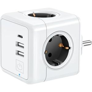 USB C Stekkerdoos 4 Stopcontacten met 3 USB Poorten, 7 in 1 Stekkeradapter met USB Meervoudige Stekker, Plug Adapter Wandstekkerdoos Compatibel met Phone voor Kantoor, Thuis, Wit