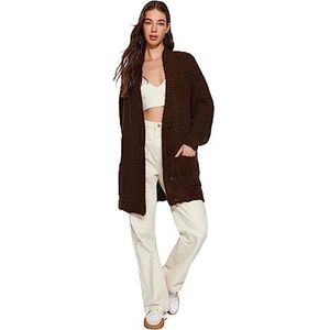 Trendyol Dames rechte lange mouwen plus size gebreide jas, bruin, M Grote maten