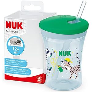 NUK 10255599 Action Cup beker met herbruikbaar rietje voor kinderen, 12 maanden deksel, deksel met schroefsluiting en zacht rietje, lekvrij, wasbaar, BPA-vrij, 230 ml, groen