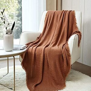 CREVENT Boerderij roest gebreide deken voor bank bank stoel bed woondecoratie, zacht warm, gezellig lichtgewicht voor lente zomer herfst (127 cm x 152 cm karamel/bruin/verbrand oranje)