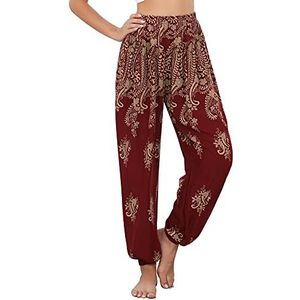 Irevial Harembroek voor dames, hippiebroek, katoen, strandbroek, yogabroek, pilates, zomerbroek, boho, vrijetijdsbroek, pompbroek, pauwenprint, Bourgondië cashew, XXL