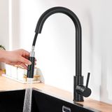 Lonheo Kraan voor de keuken, zwart, hogedruk keukenkraan, uittrekbaar, 360 graden draaibaar, mengkraan, keuken met douche, 2 waterstraalsoorten, roestvrijstalen spoelbakarmatuur, keuken voor gootsteen